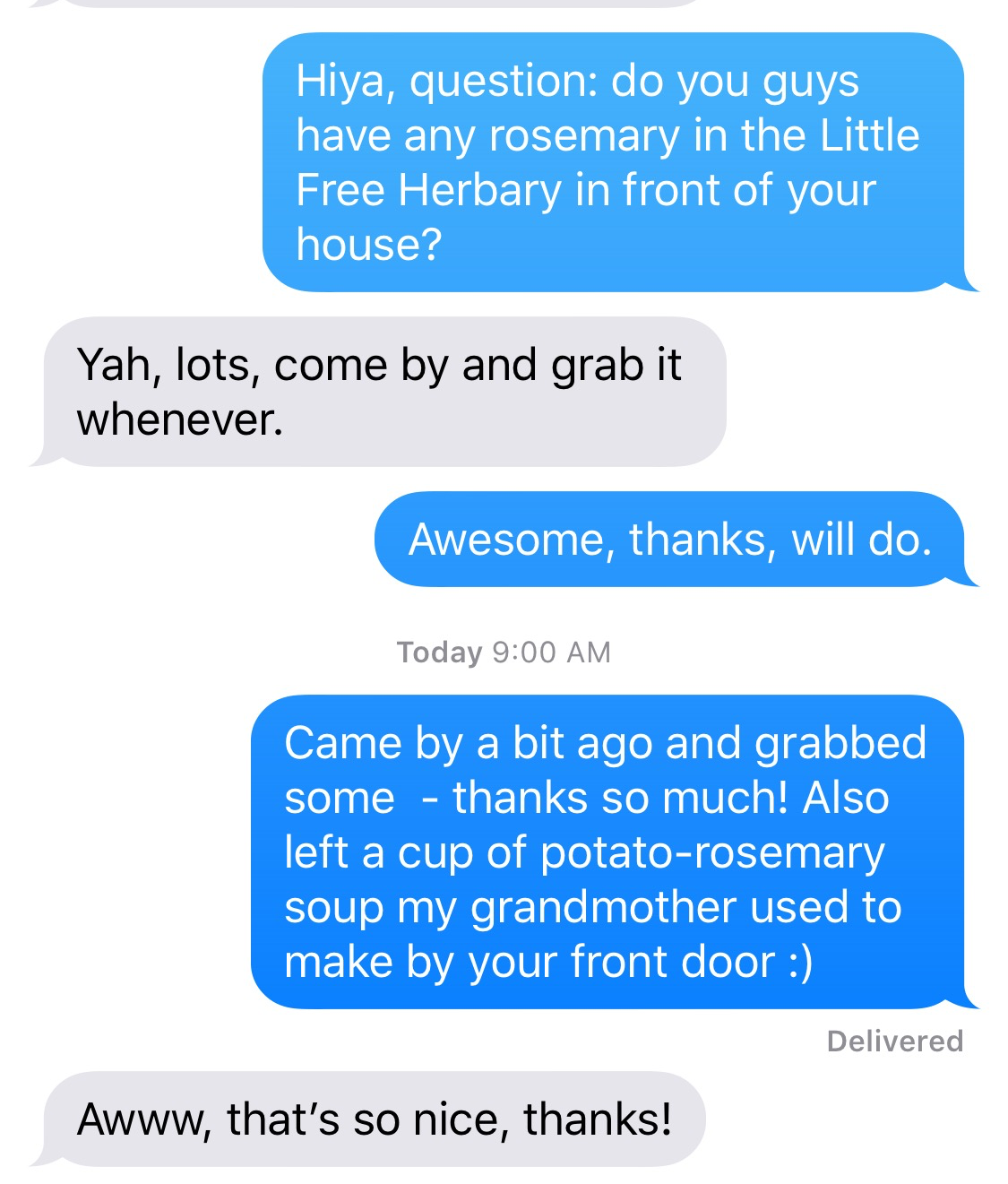 A neighborly text exchange about a Little Free Herbary